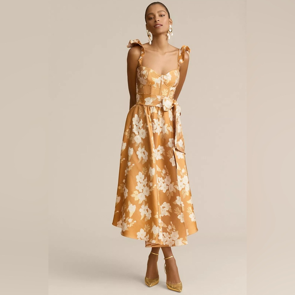 V. Chapman Vera Ruffle-Strap Corset Side-Slit Midi Dress